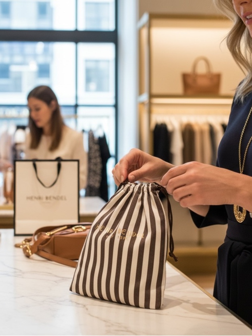 Henri Bendel dust bad in its traditional stripes design